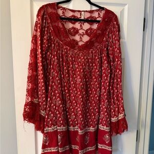 Free People Red Lace Detail Top
